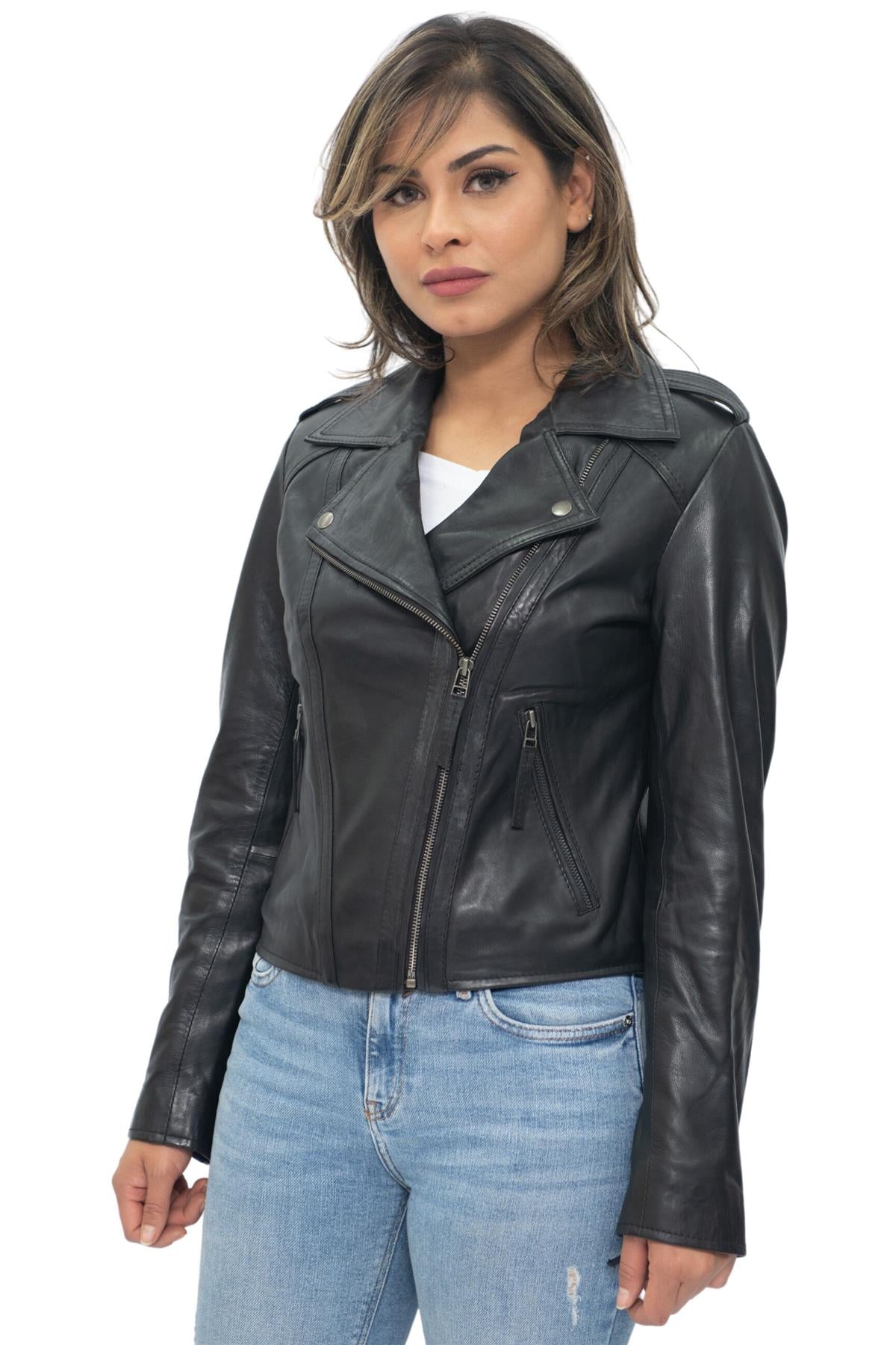 Schwarze Bikerjacke aus Leder für Damen - Tamale