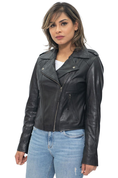 Womens Black Leather Biker Jacket-Tamale