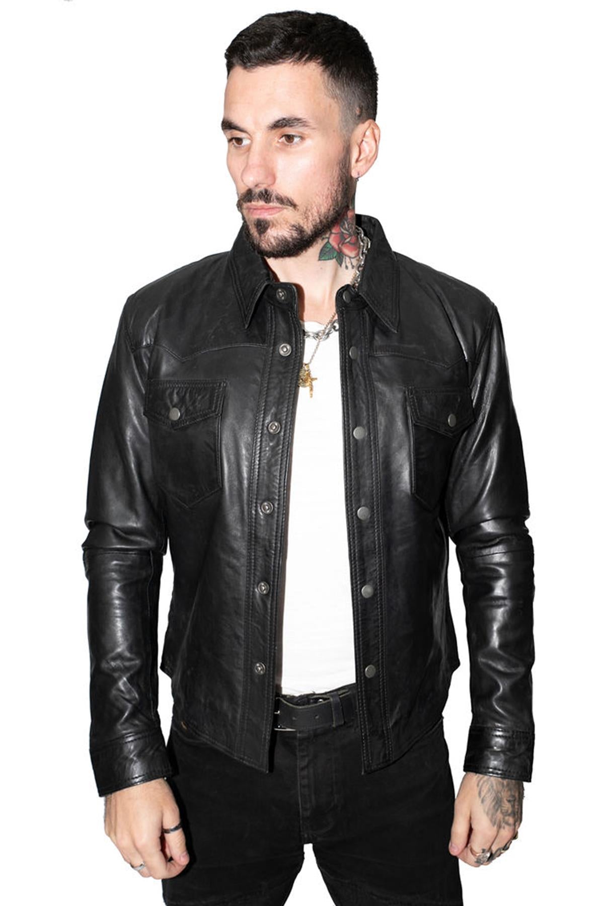 Mens Retro Leather Shirt Jeans Jacket-Beijing