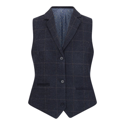 Women's Navy Tailored Fit 2 Piece Set Tweed Formal Blazer Waistcoat