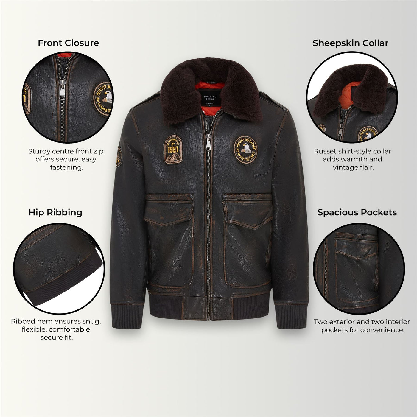 Men's Leather Bomber Sheepskin Collar G-1 Aviator Jacket - Linear