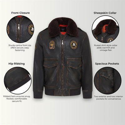 Men's Leather Bomber Sheepskin Collar G-1 Aviator Jacket - Linear