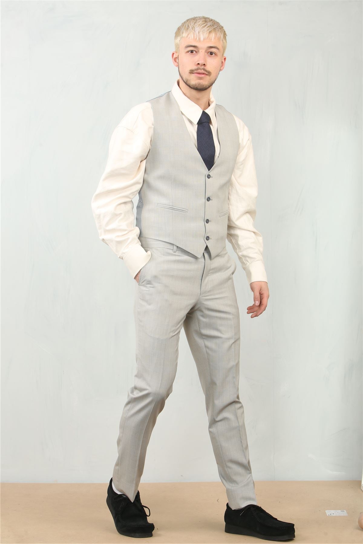 Men's 3 Piece Prince Of Wales Grey Suit Workwear