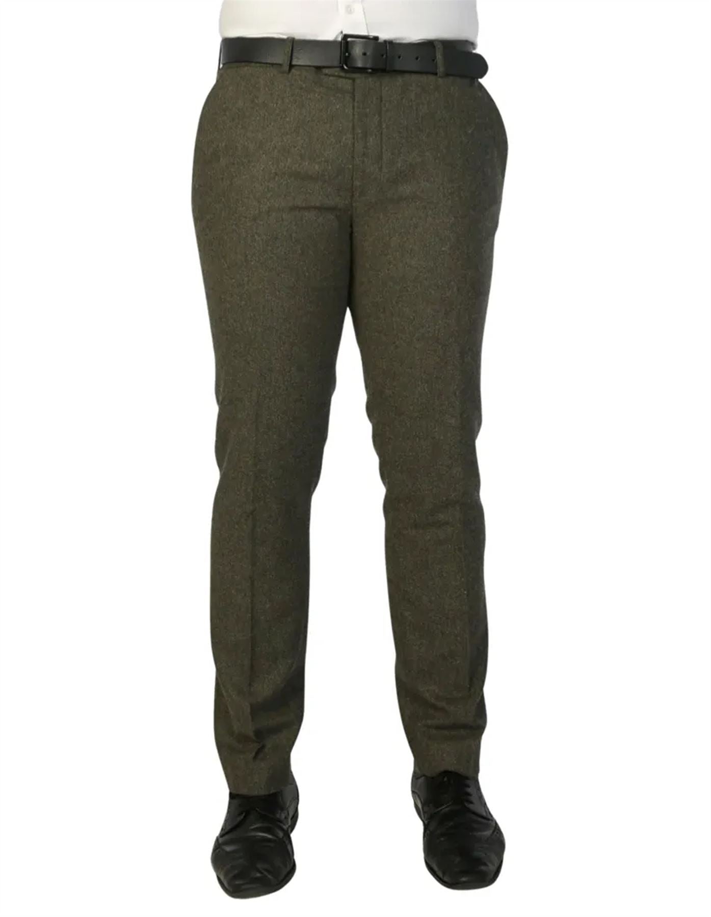 Men's Olive Green Wool Blend Tweed Formal Trousers