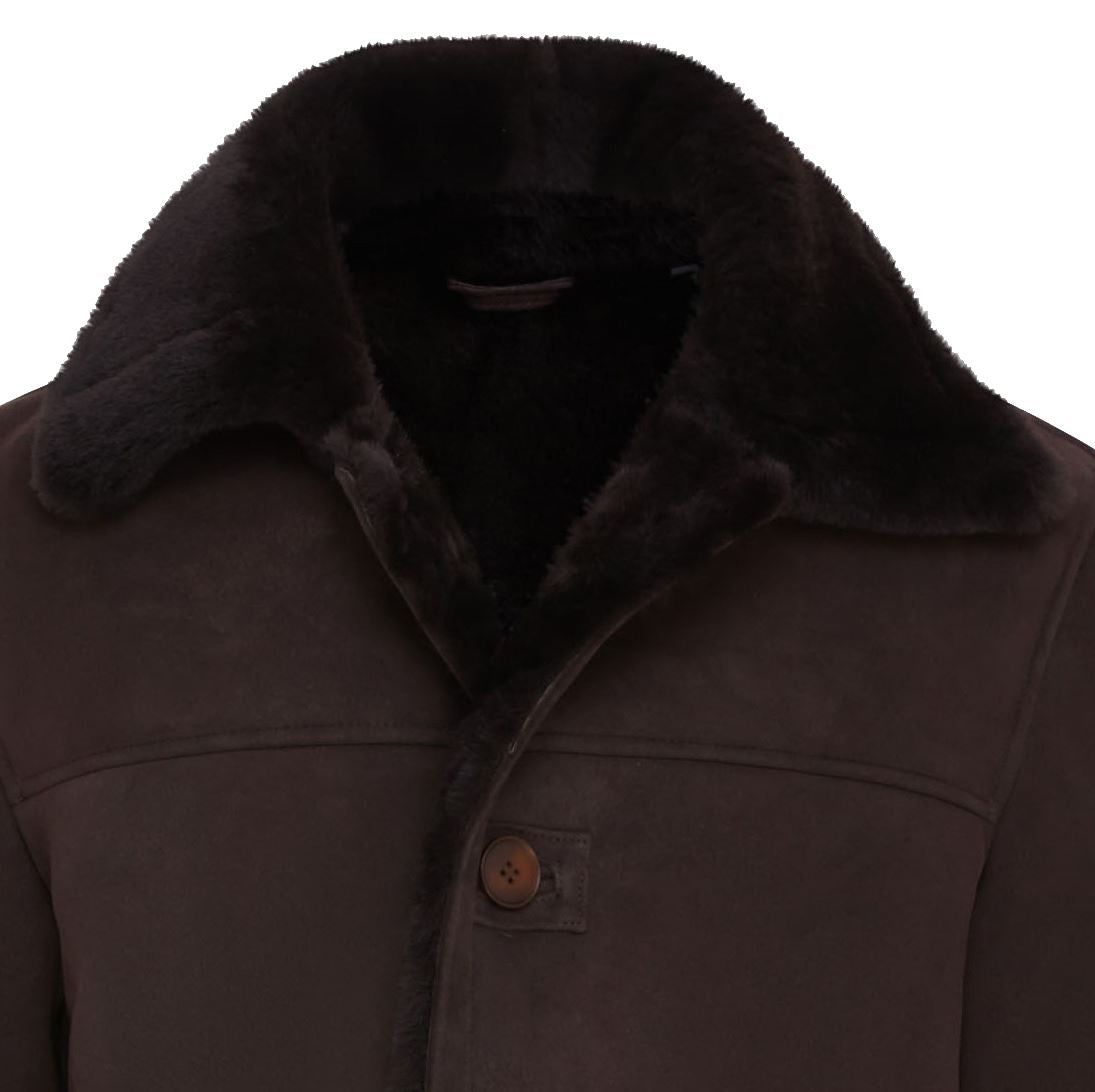 Mens Brown Shearling Sheepskin Car Coat - Elverum