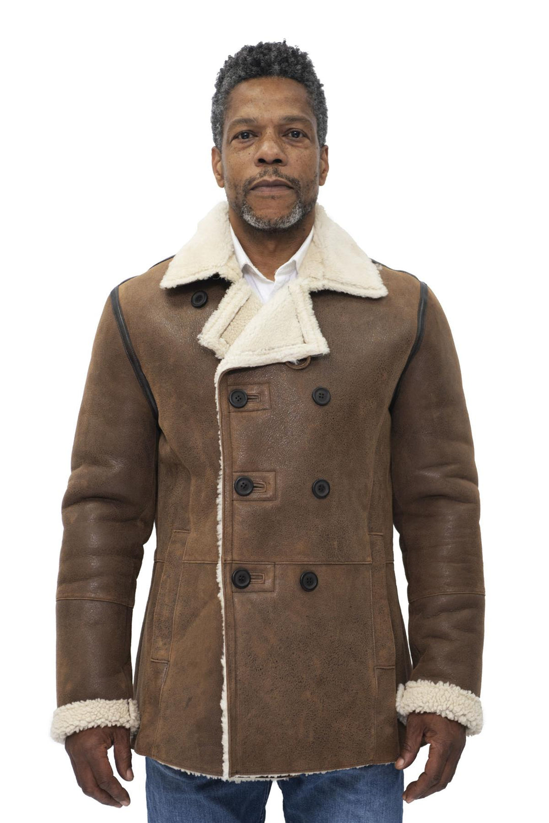 Mens Double Breasted Shearling Sheepskin Pea Coat-Valencia