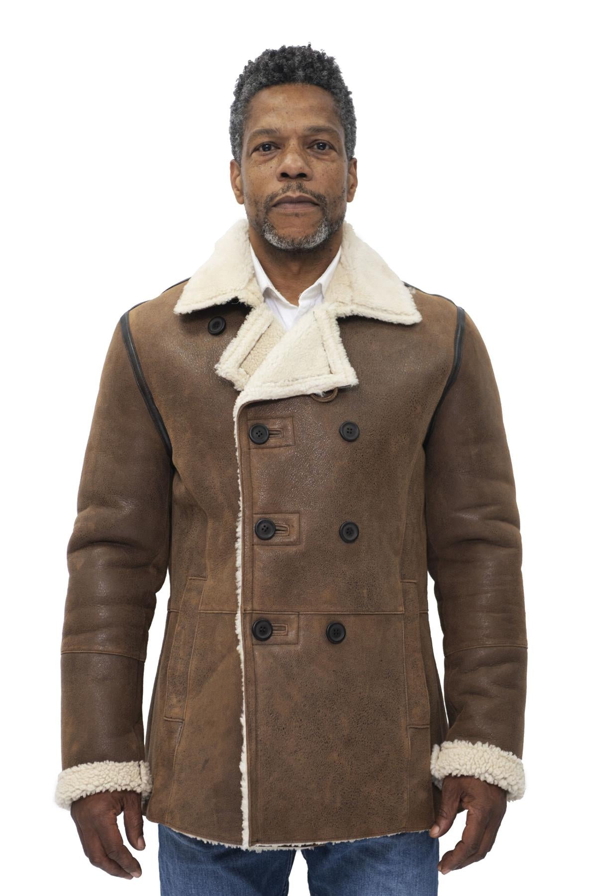 Mens Double Breasted Shearling Sheepskin Pea Coat-Kington