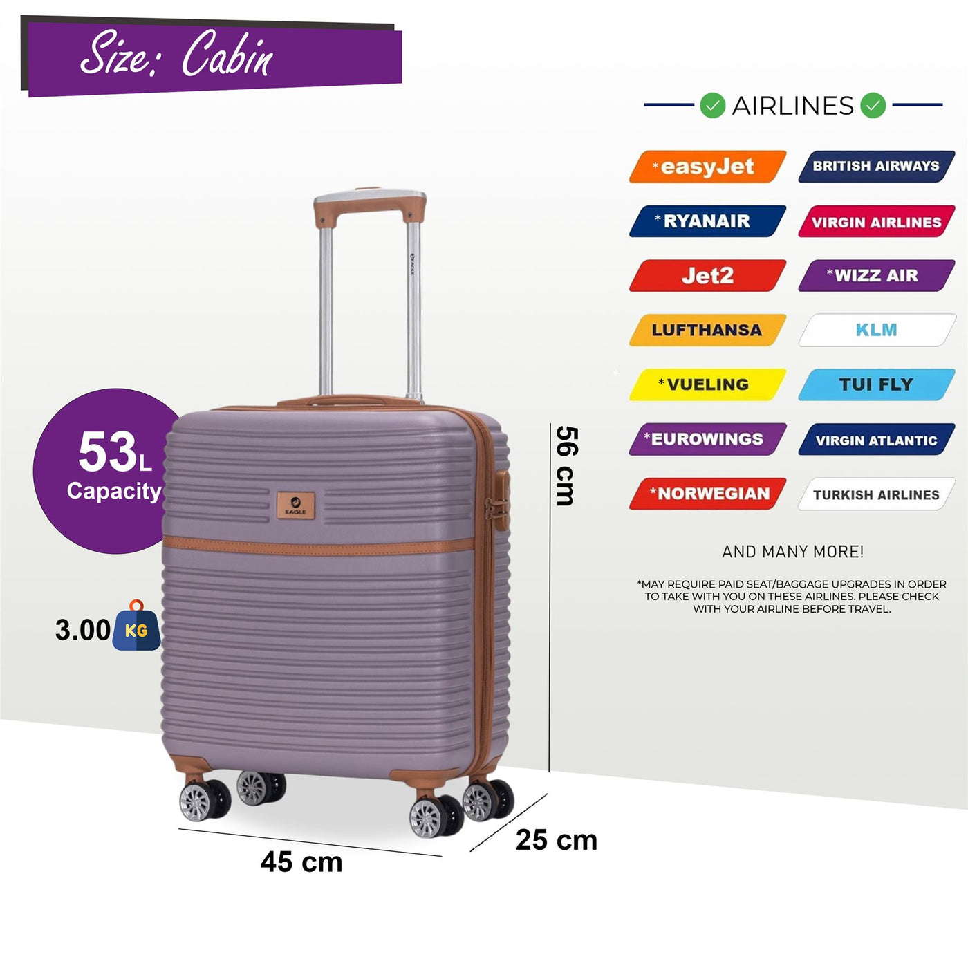 Strong ABS Hardshell Cabin Suitcase 56 x 45 x 25 cm Luggage Suitable for British Airways