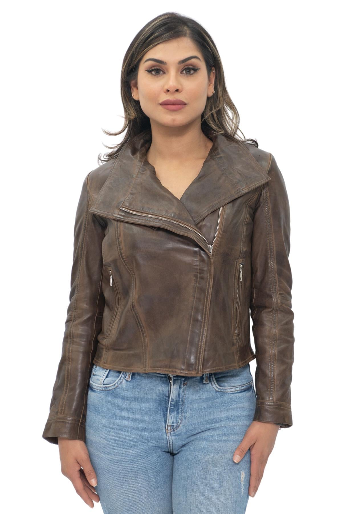 Womens Leather Shawl Wrap Biker Jacket - Riga