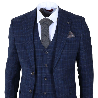 Men's Navy Blue Plaid Check 3 Piece Suit Slim Fit Formal Suit