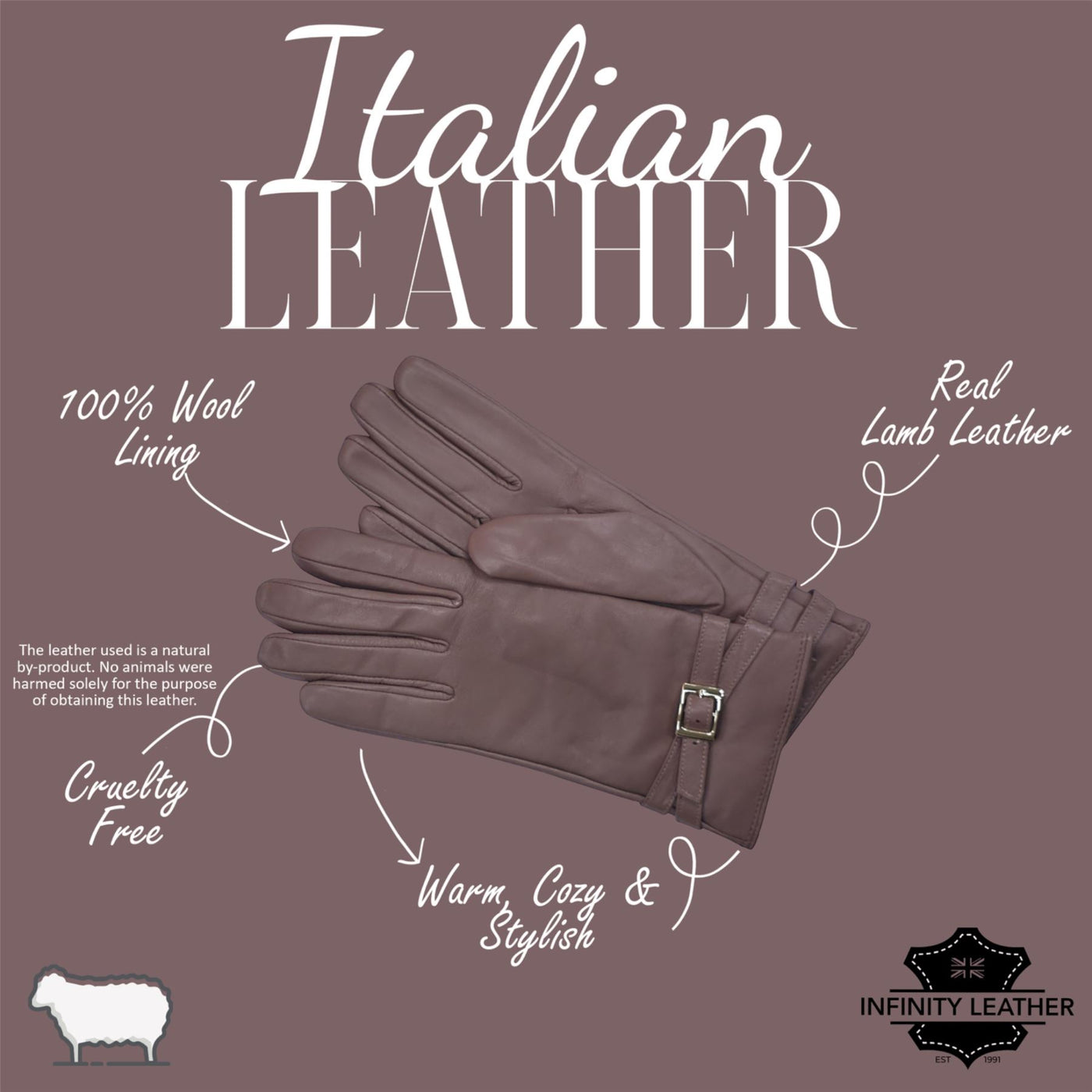 Womens Italian Leather Winter Buckle Soft Wool Lining Gloves - L-GLV-601