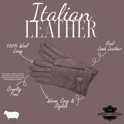 Womens Italian Leather Winter Buckle Soft Wool Lining Gloves - L-GLV-601
