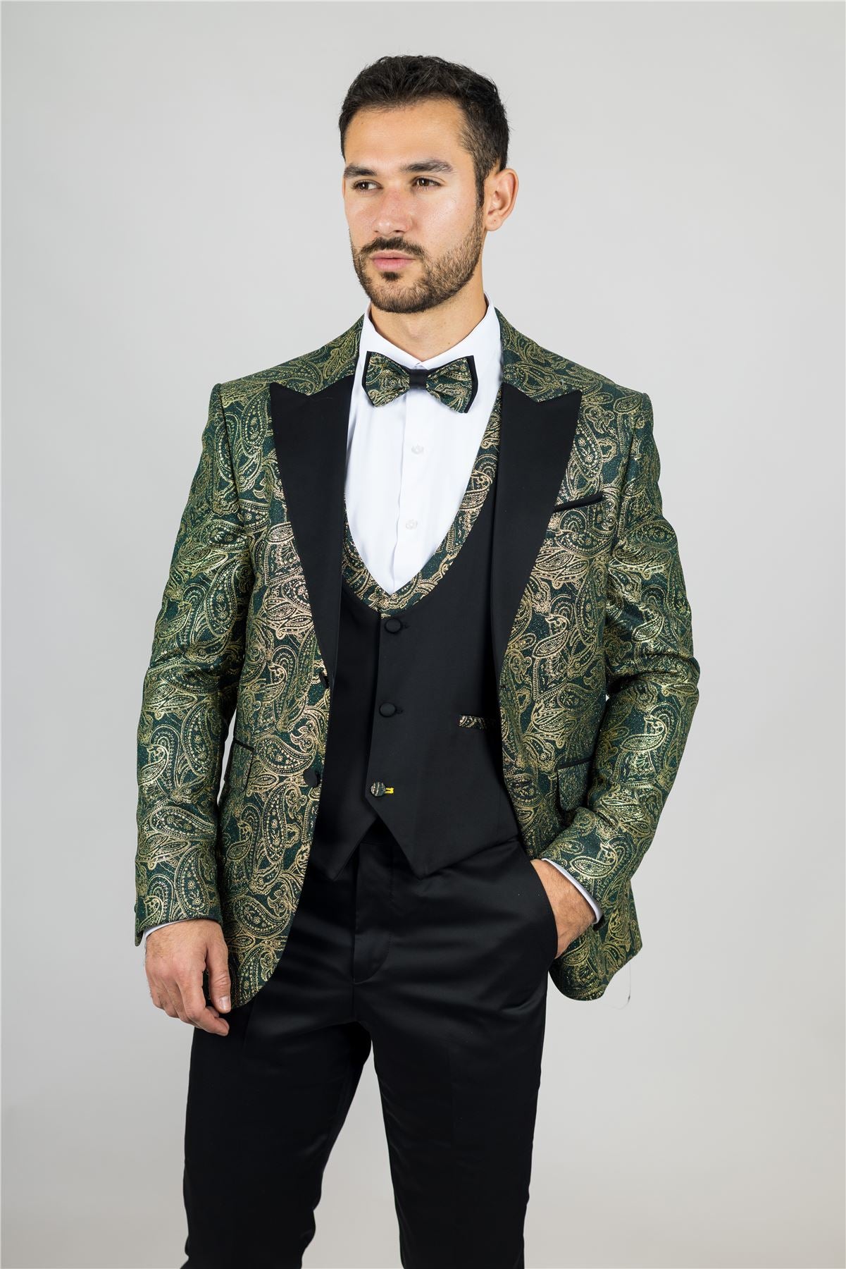 Men's 4 Piece Green Paisley Wedding Suit Tailor Fit