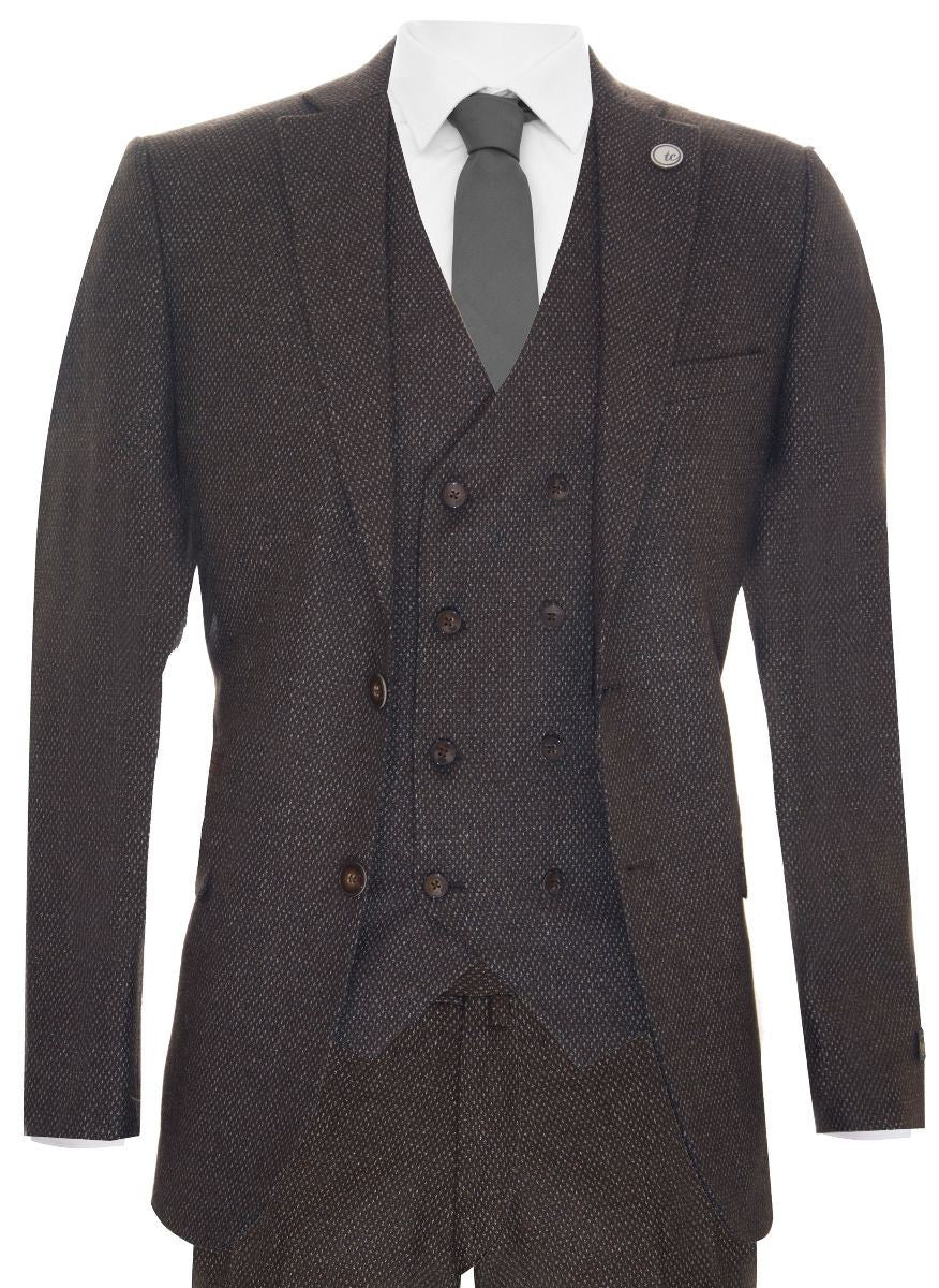 Mens Brown Wool 3 Piece Suit Double Breasted Tweed Peaky Blinders 1920