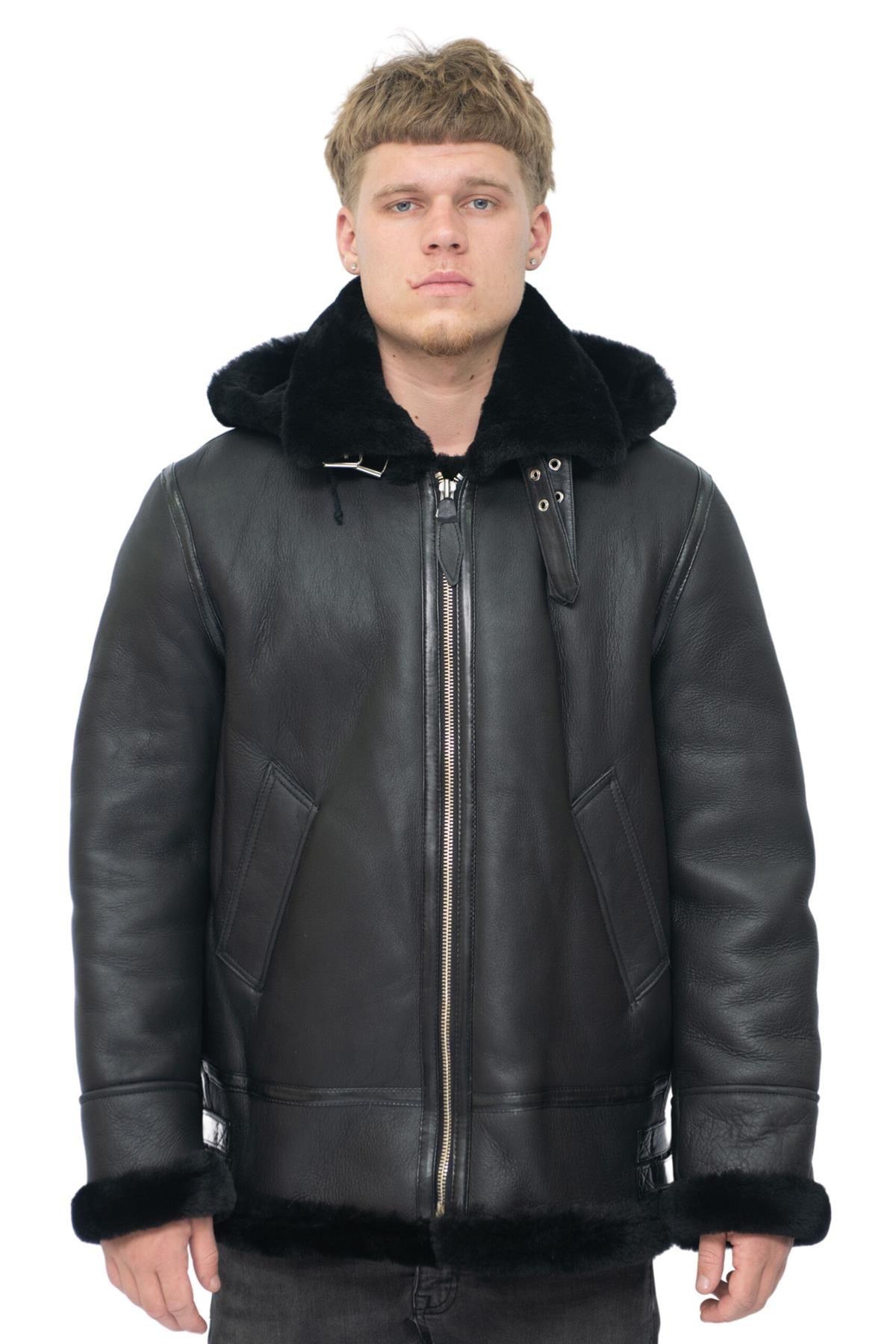 Mens Hooded Sheepskin Leather B3 Flying Jacket-Harwich