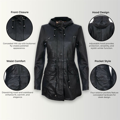 Giacca parka con cappuccio in pelle da donna - Bucarest