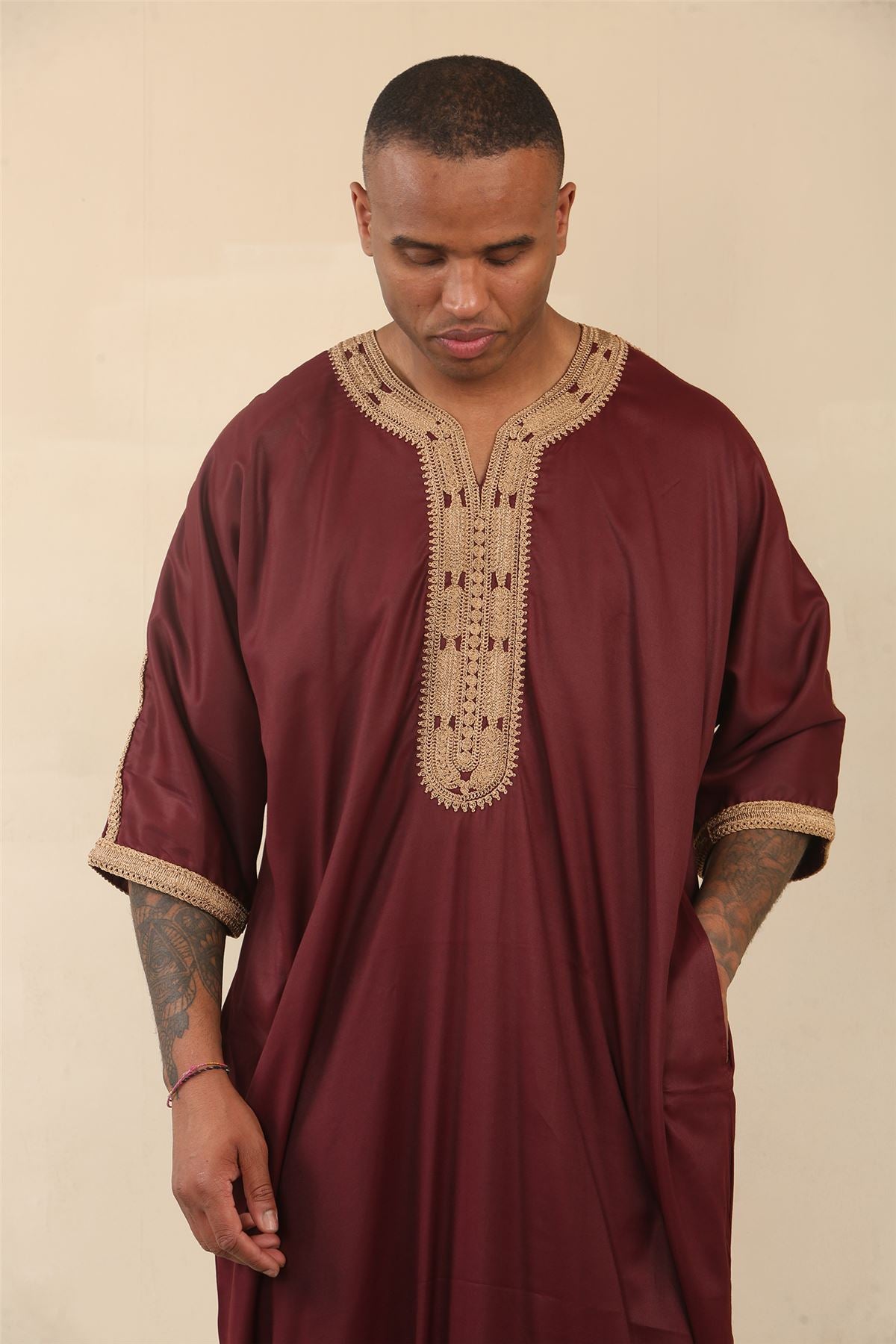 Men's Burgundy Moroccan Thobe Jubba Robe Eid Djellaba Gandoura