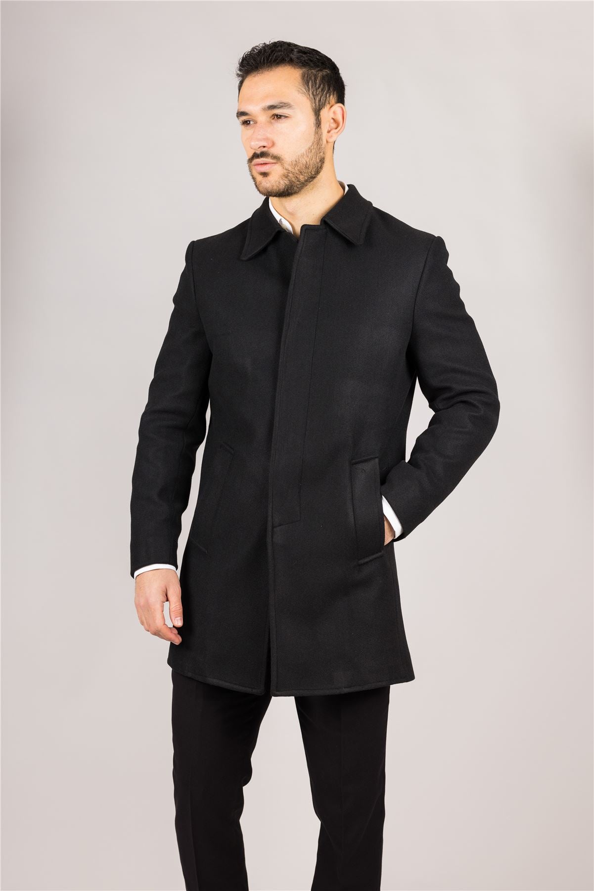 Men's Wool Blend Classic Collar Black Overcoat