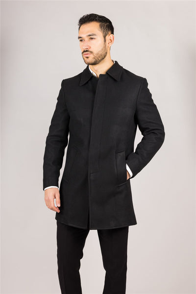 Men's Wool Blend Classic Collar Black Overcoat