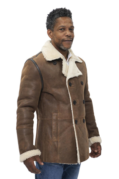 Mens Double Breasted Shearling Sheepskin Pea Coat-Kington