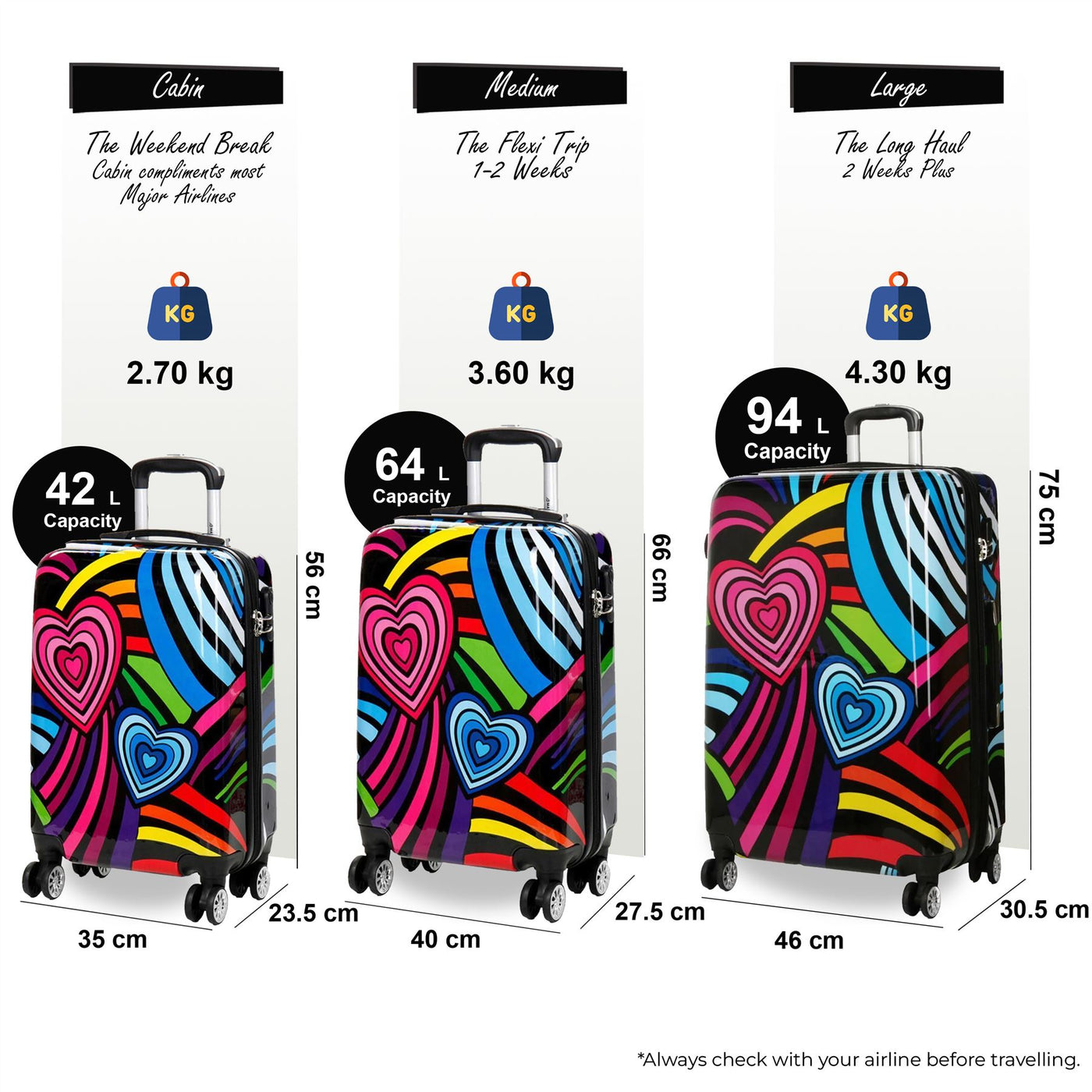 Hardside Shell Suitcase Set Hearts Print Luggage Lightweight Cabin Travel Bag