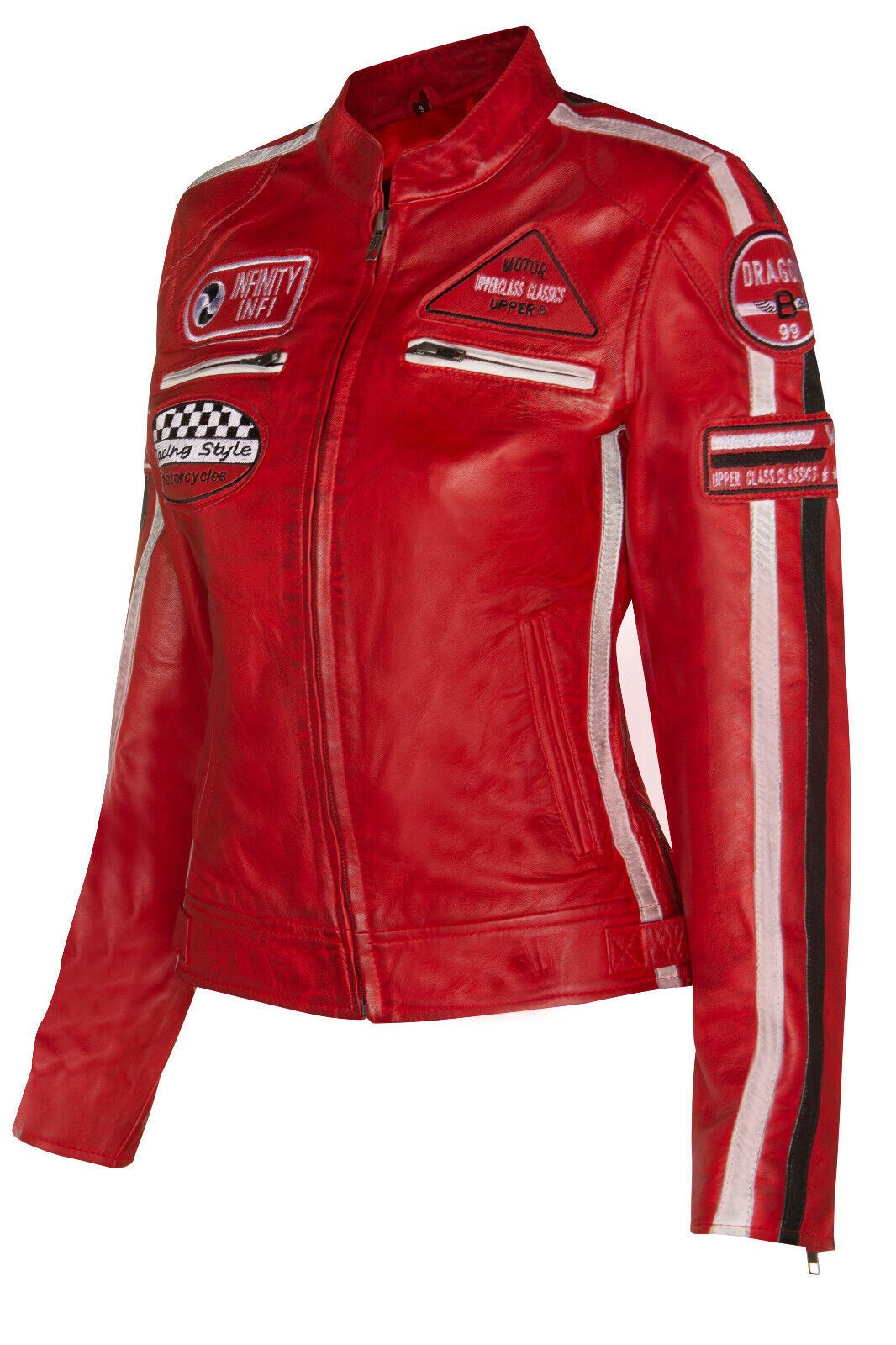 Womens Biker Racing Badges Leather Jacket-Eastleigh - Upperclass Fashions 