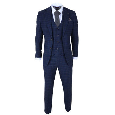 Men's Navy Blue Plaid Check 3 Piece Suit Slim Fit Formal Suit