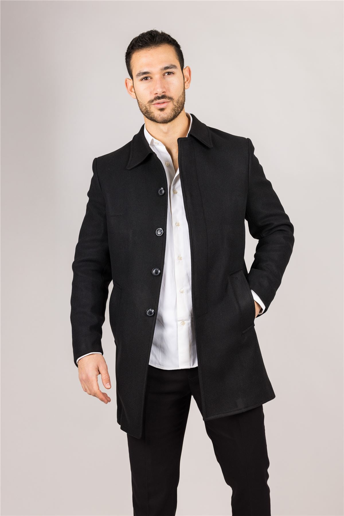 Men's Wool Blend Classic Collar Black Overcoat