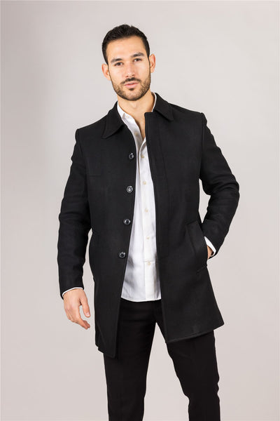 Men's Wool Blend Classic Collar Black Overcoat