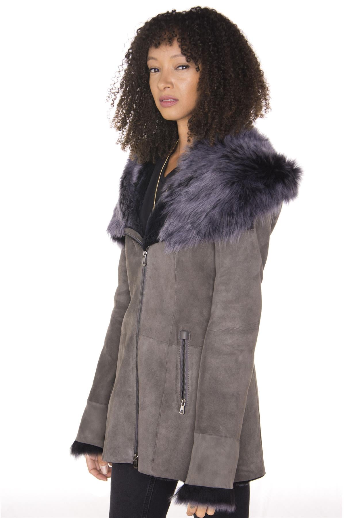 Womens Grey Suede Hooded Merino Sheepskin Coat-Monrovia