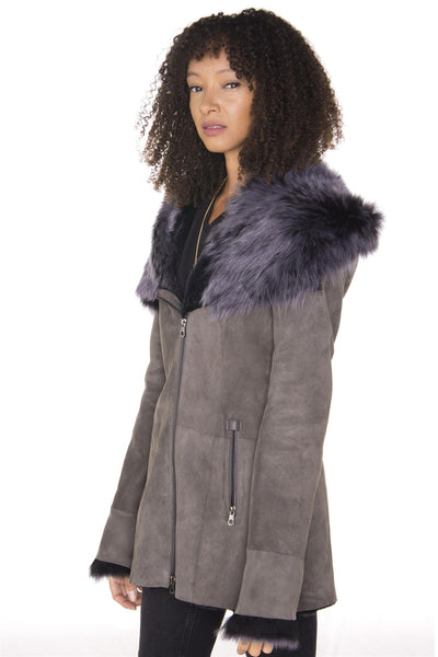 Womens Grey Suede Hooded Merino Sheepskin Coat-Monrovia