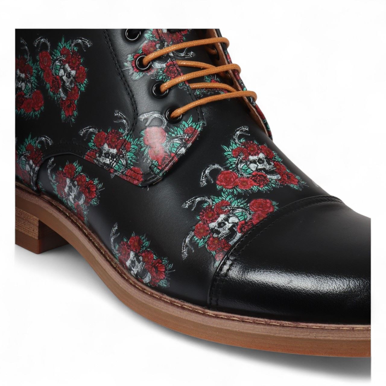 Justin Reess Men's Black Floral Leather Oxford Ankle Boots - Adam Skull