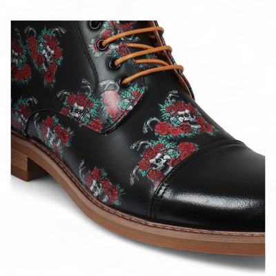 Justin Reess Men's Black Floral Leather Oxford Ankle Boots - Adam Skull
