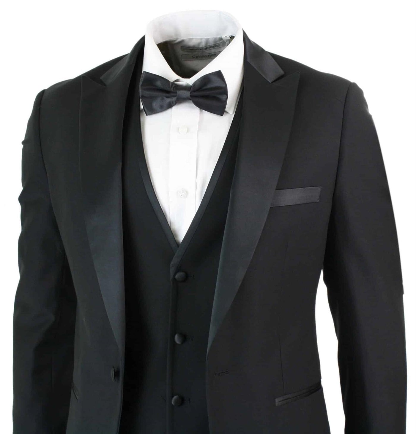 Mens 3 Piece Black Tuxedo Suit Classic Satin Dinner Tailored Fit Wedding Prom