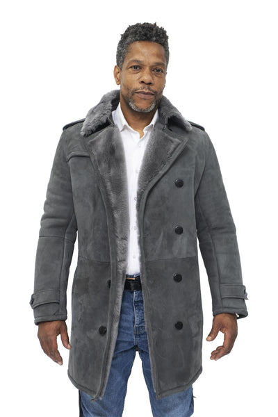 Mens Shearling Sheepskin Suede Pea Coat-Kempston