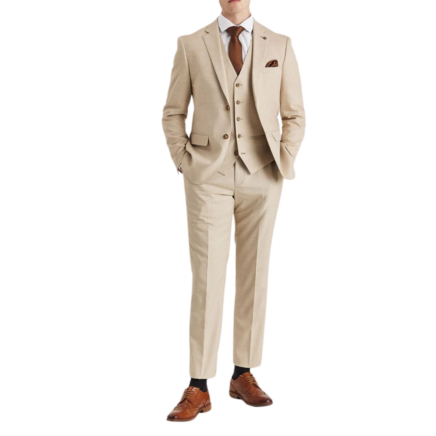 Men's Beige Lightweight Summer Wedding Party 3 Piece Suit