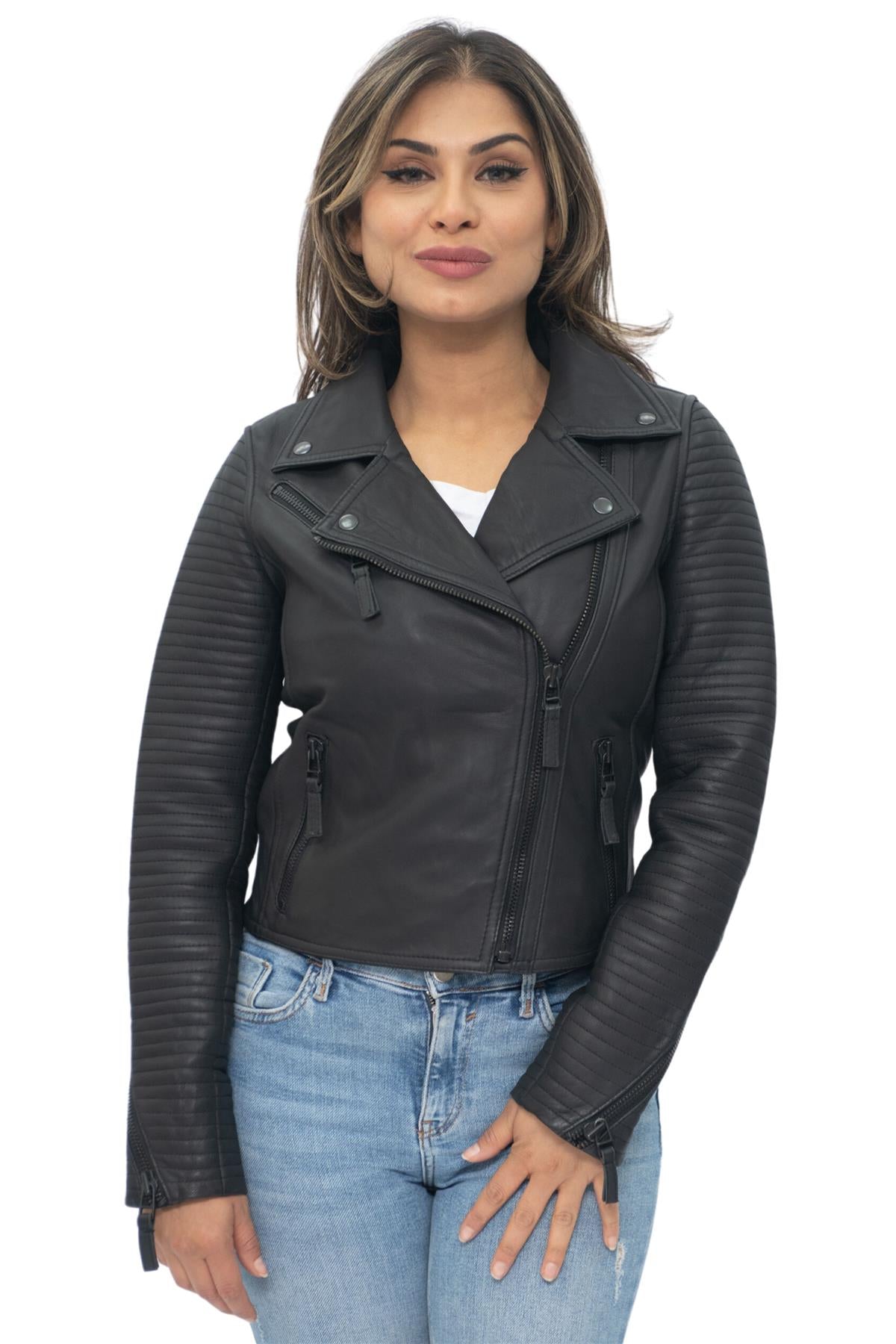 Womens Leather Matt Vintage Brando Biker Jacket-Taipei