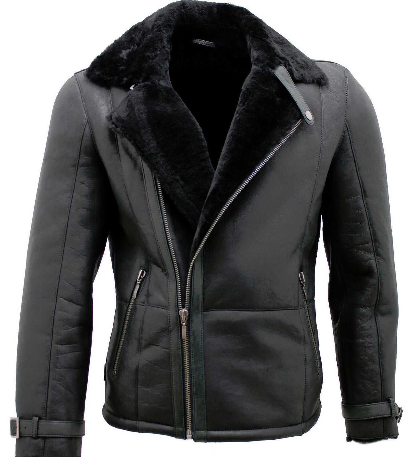 Mens Double Breasted Sheepskin Leather Biker Jacket-Manila