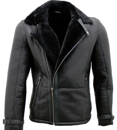 Mens Double Breasted Sheepskin Leather Biker Jacket-Manila