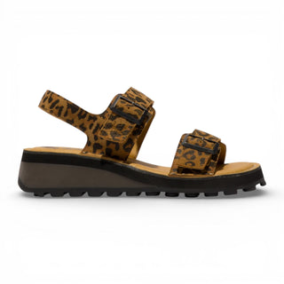 Fly London Women's HEIF558FLY Cheetah Tan Leather Wedge Buckle Sandals