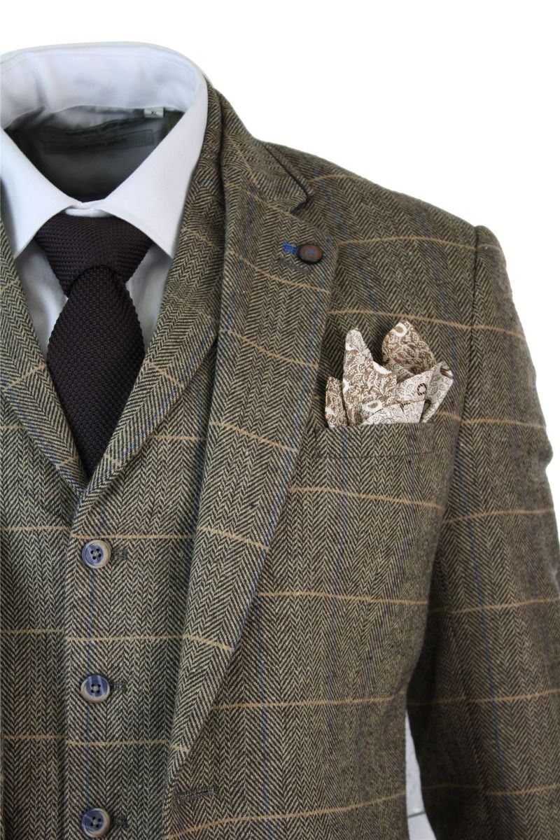 Mens 3 Piece Tan Brown Check Tweed Herringbone Vintage Classic Suit