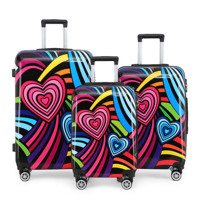 Hardside Shell Suitcase Set Hearts Print Luggage Lightweight Cabin Travel Bag