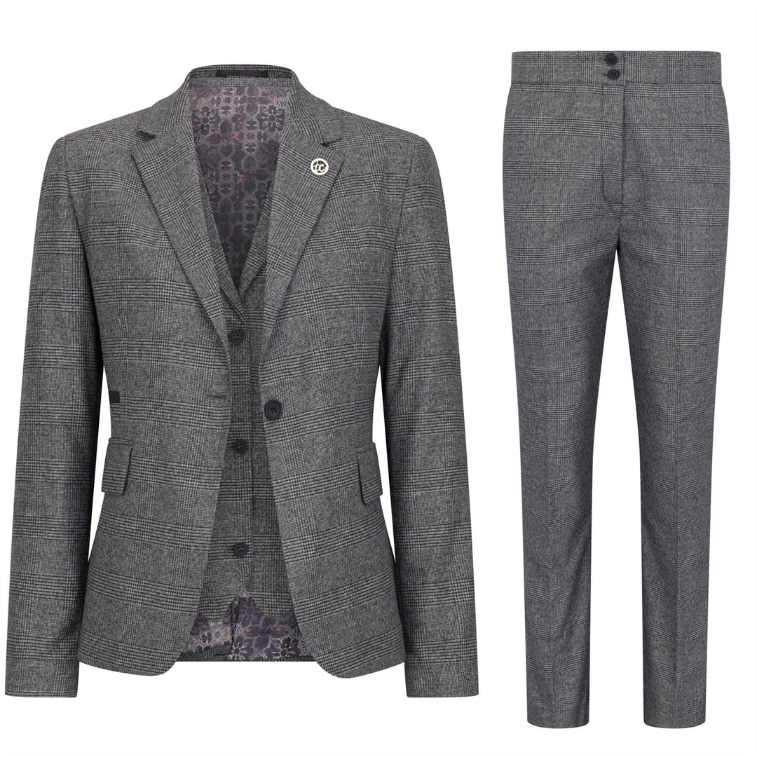 Women's Grey Three-Piece Tailored Fit Suit in Prince of Wales