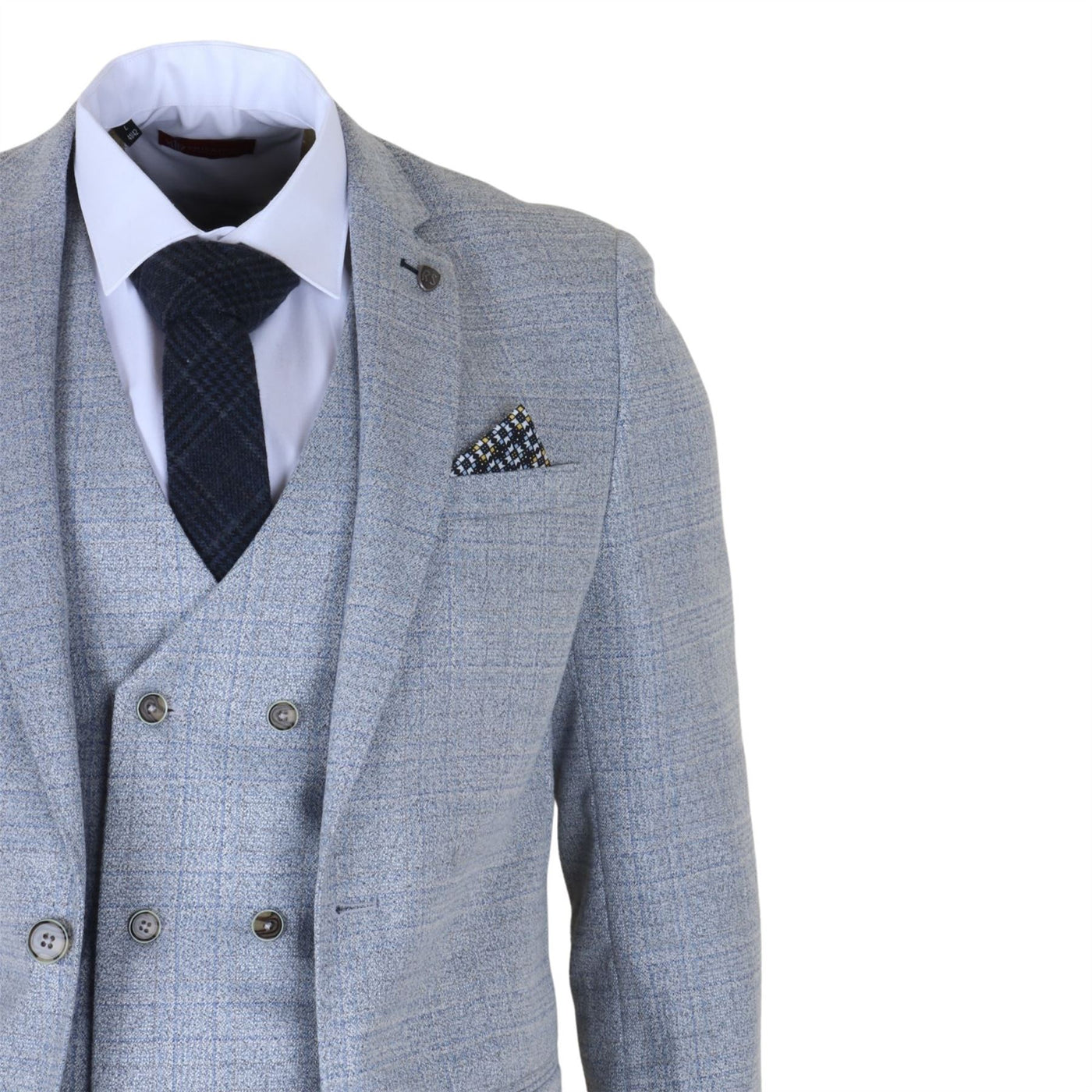 Men's Light Blue Plaid Check 3 Piece Slim Fit Formal Wedding Suit