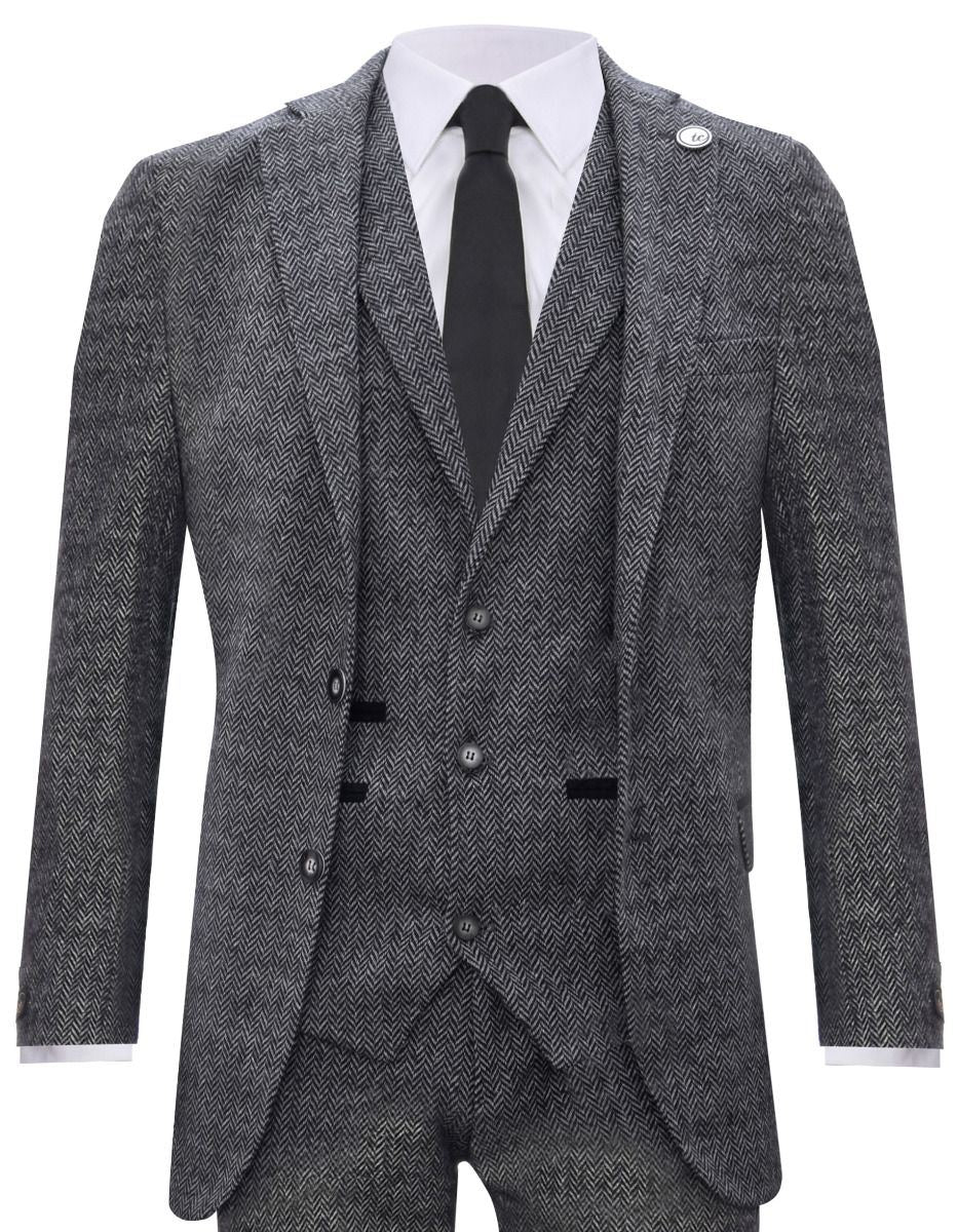 Men's 3 Piece Grey Herringbone Tweed Suit