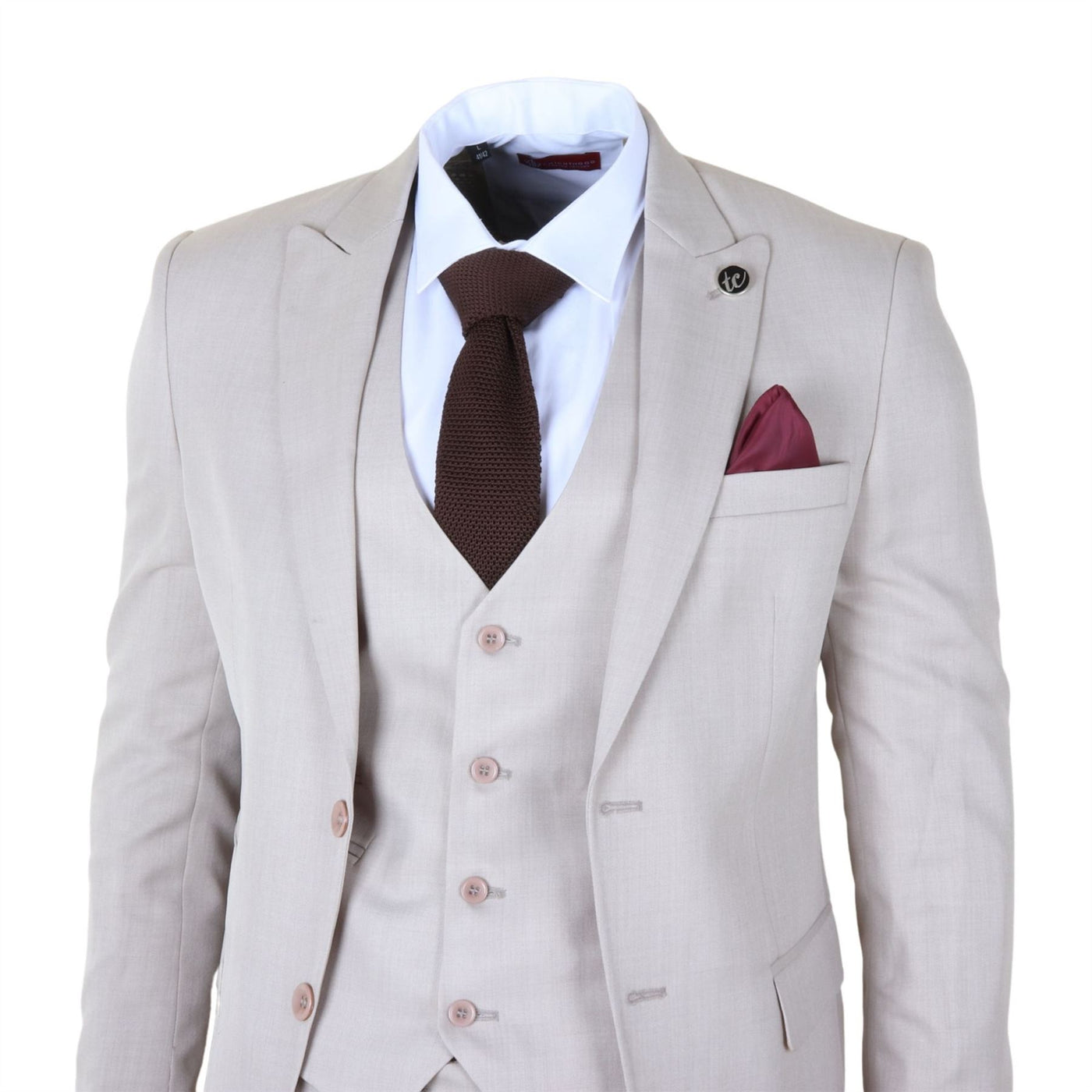 Men's Cream 3-Piece Tailored Fit Formal Wedding Peak Lapel Suit