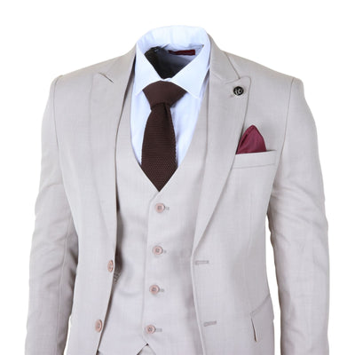 Men's Cream 3-Piece Tailored Fit Formal Wedding Peak Lapel Suit
