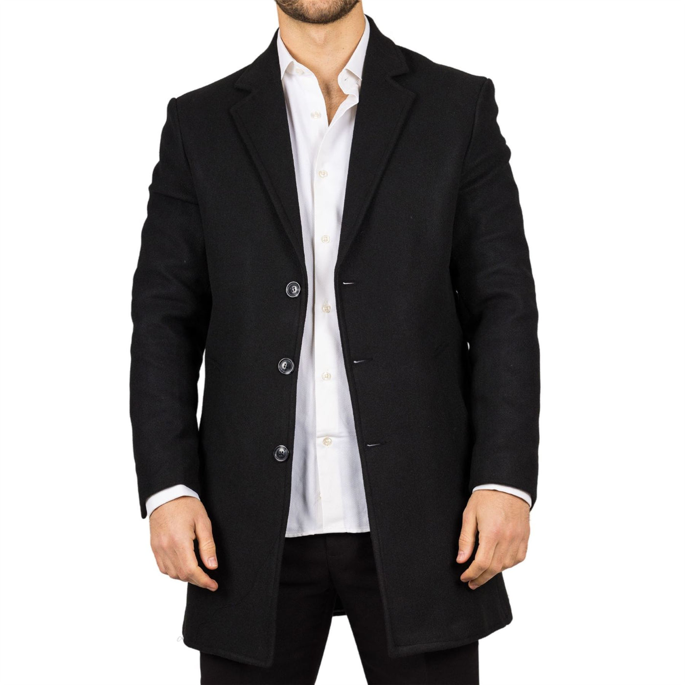 Men's Notched Lapel Collar Wool Blend Black Overcoat