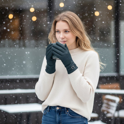 Womens Italian Leather Winter Buckle Soft Wool Lining Gloves - L-GLV-601