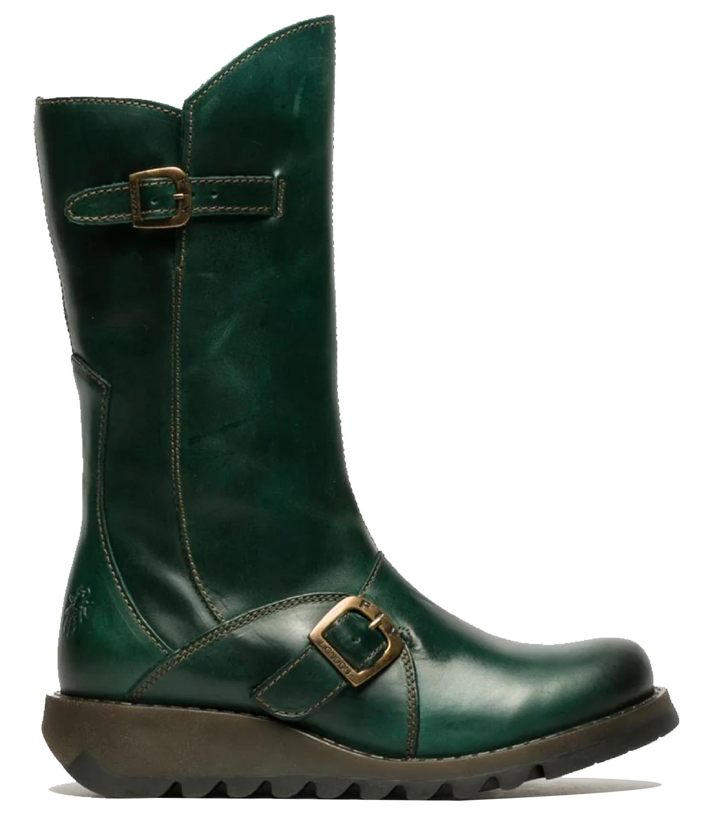 Fly London Womens Green MES 2 Wedge Heel Buckle Mid-Calf Leather Zip Platform Boots